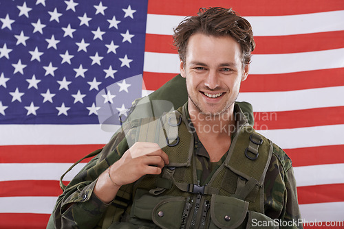 Image of Military, flag and usa with portrait of man in studio for war, conflict or patriotic. Army, surveillance and security with person and American recruitment for soldier, battlefield or veteran training