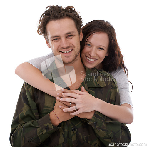 Image of Military couple in portrait, hug for welcome and people smile with love on white background. Soldier in army, reunion with partner after war service and man in uniform is happy with woman in studio