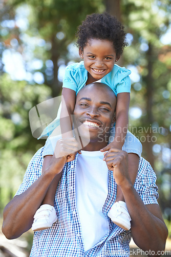 Image of Child, happy father in portrait and piggyback outdoor, care or bonding together. Face, African dad carrying kid and smile in nature, family play in forest or park, love of parent and summer vacation