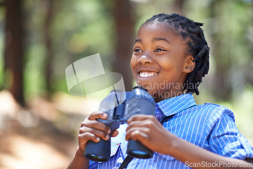 Image of Binocular, search or happy boy child in forest hiking, sightseeing or discovery. Lens, equipment or excited African kid in nature for adventure, learning or seeing, explore or watching while camping
