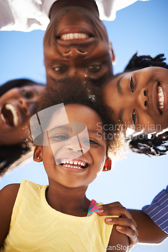Image of Happy family, portrait and huddle for bonding together, parents and kids with pov, blue sky and outdoor. Holiday, carefree and weekend with smile, childhood memories and cheerful for vacation