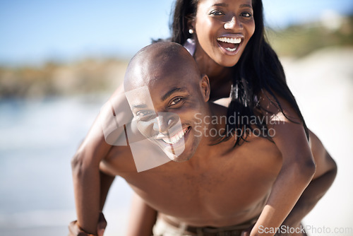 Image of Black couple, smiling and piggyback with portrait, beach and married for summer vacation. African, enjoying and happy for holiday, sun tan and seaside in outdoor, break and day off in costal city