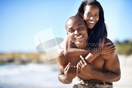 Image of Happy couple, smile and piggyback with portrait, beach and married for summer vacation. African, enjoying and excited for holiday, fun and seaside in outdoor, beautiful and day off in costal city