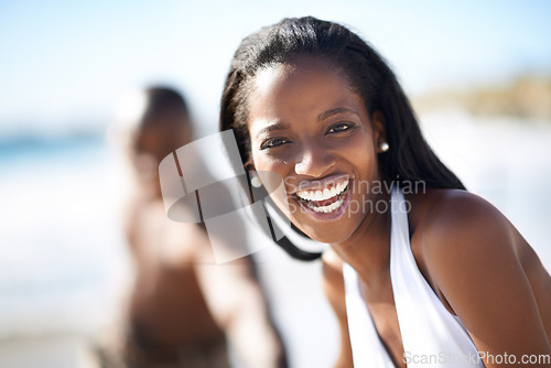 Image of Happy, portrait and black woman at beach for travel, freedom and fun with husband in nature. Love, face and African couple on adventure for bonding, holiday or romantic summer vacation in Los Angeles