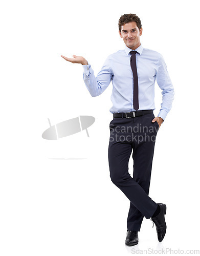 Image of Entrepreneur, portrait and choice in hand with mockup, space and white background in studio. Confident, businessman or gesture show option with information, advice or presentation of recommendation