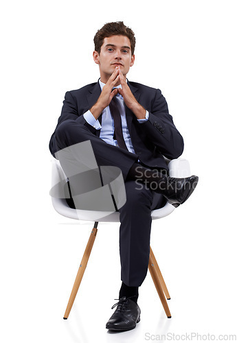 Image of Business, thinking and portrait of man on a chair in studio for problem solving on white background. Planning, solution and face of male entrepreneur with questions, why or brainstorming idea gesture