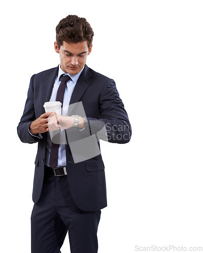 Image of Confident, businessman and check time in studio and corporate professional for work schedule in mock up. Person, pride and manager with watch appointment and attorney with coffee by white background