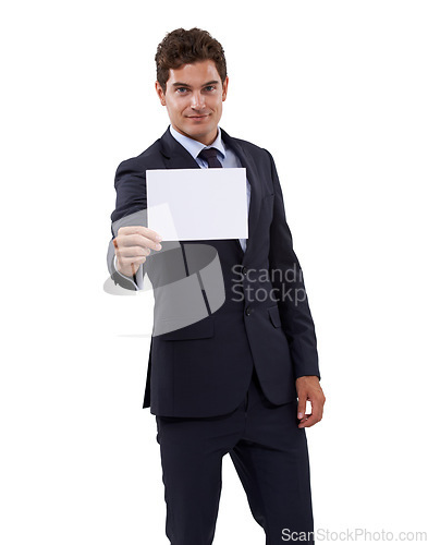 Image of Business man, poster space and presentation for advertising opportunity, news or information in studio. Portrait of a boss or corporate person with career paper or mockup on a white background