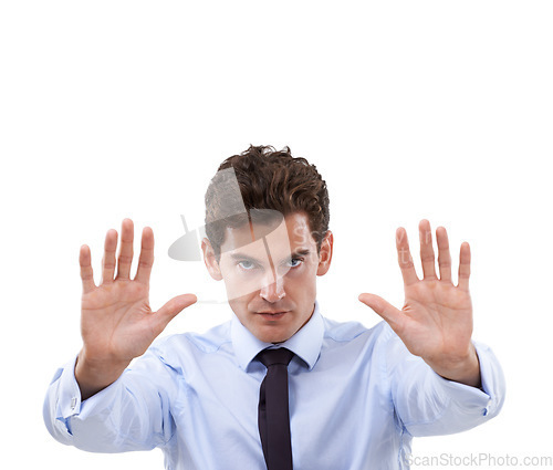 Image of Businessman, hand and stop in studio portrait with forbidden warning, rejection and negative in mockup. Face, palm and protest emoji or defence sign, deny and wait or frustrated by white background