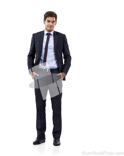 Image of Confident, businessman and portrait with hands in pocket and corporate professional for career pride in studio mockup. Person, face and management for mission and attorney boss by white background