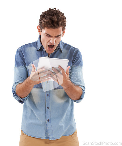 Image of Tablet, news and shocked man shouting in studio for hacker notification, scam or cyber security fail on white background. Digital, problem and model frustrated by 404, mistake or email spam crisis