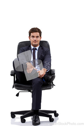 Image of Businessman, portrait and manager sitting in a chair with white background or mock up space in studio. Serious, entrepreneur and waiting on seat with professional style, fashion or suit for work