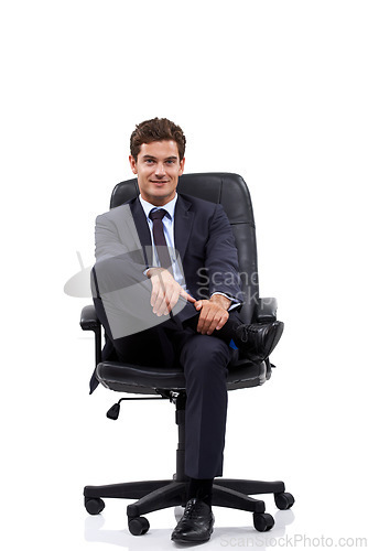 Image of Happy, businessman and portrait of manager in a chair with white background or mock up space in studio. Confident, entrepreneur and relax on seat with professional style, fashion or suit for work