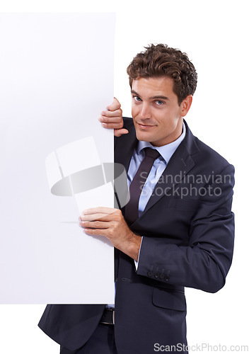 Image of Portrait, mockup and business man with banner in studio for advertising, space of news on white background. Poster, face and male entrepreneur with presentation, recruitment or hiring checklist guide