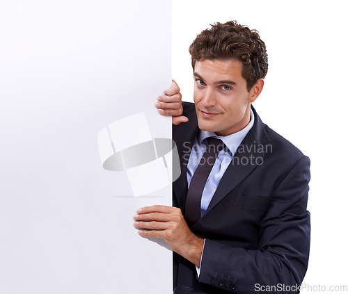 Image of Banner, portrait and business man with mockup in studio for news, guide or advertising space on white background. Poster, face and male entrepreneur with recruitment presentation, checklist or offer