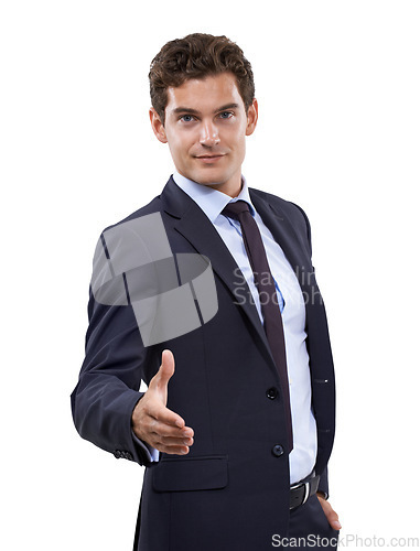 Image of Business man, handshake offer and agreement in studio for introduction, job interview or hiring. Happy corporate boss or employer shaking hands or welcome portrait in client POV on a white background
