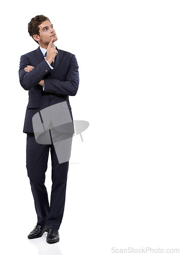 Image of Business man, thinking of ideas and space for solution, questions or job vision, sales goals and emoji in studio. Corporate employee with investment decision, choice and mockup on a white background