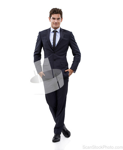 Image of Happy, businessman and portrait for pride in studio mockup, for start up and confident in professional job. Person, face and smile as entrepreneur in corporate career and attorney by white background