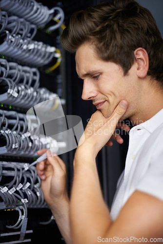 Image of Server room, tools and man with connection check, thinking and night in solution at job. Cybersecurity system, it network or person for fiber internet, data center and storage with problem solving