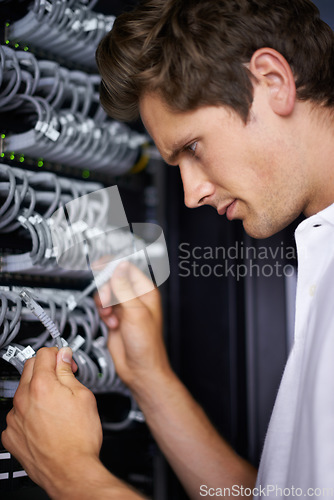 Image of Server room, tools and man for cable maintenance for connectivity, night or thinking at job. Cybersecurity system, it network or person for fiber internet, data center or storage with problem solving