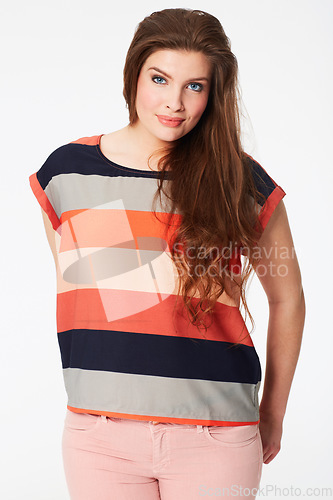 Image of Happy woman, portrait and fashion in beauty or makeup against a white studio background. Face of attractive young female person or model smile with stripped t shirt and stylish clothing on mockup