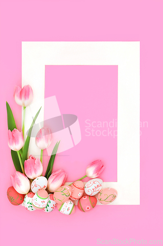 Image of Pink Tulip Flowers and Easter Egg Floral Background Frame