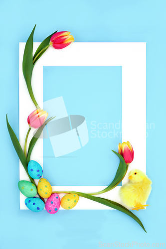 Image of Easter Eggs Tulip Flower and Baby Chick Background Frame