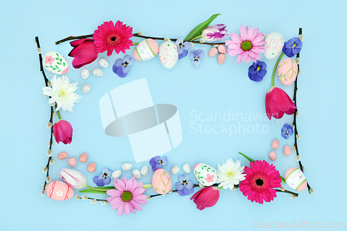 Image of Happy Easter Background Border with Eggs and Flora