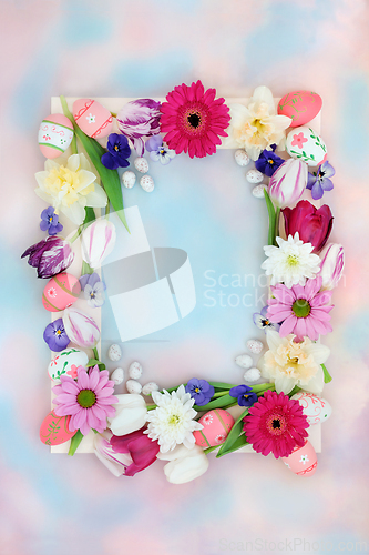 Image of Decorative Easter Background with Eggs and Flowers