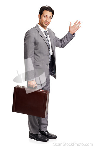 Image of Portrait, hello and business man with briefcase in studio isolated on a white background. Professional lawyer, wave and hand gesture for greeting, salute or goodbye of worker in suit on mockup space