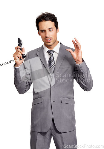 Image of Telephone call, frustrated business man and stress, wrong or argument isolated on a white studio background. Landline, problem and professional listen, communication and fail in negotiation mistake