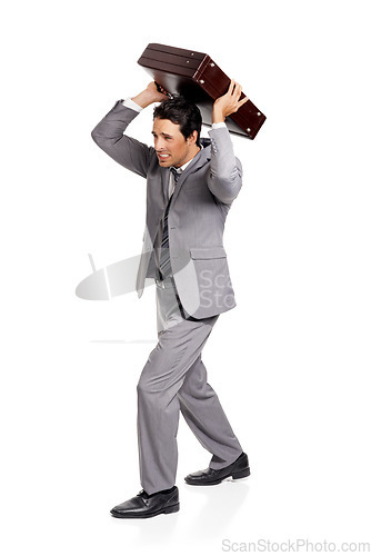 Image of Angry, stress and business man with briefcase throw in studio frustrated on white background. Burnout, pressure and male entrepreneur with crisis, disaster or overwhelmed by deadline, mistake or fail