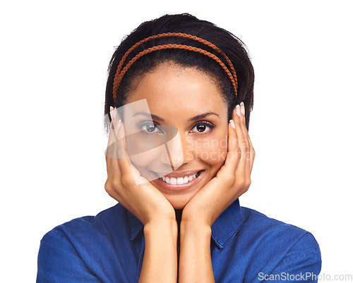 Image of Studio portrait, face and woman excited for skincare results, cosmetics or wellness news announcement. Positive mindset, happy attitude and headshot of lady reaction on white background