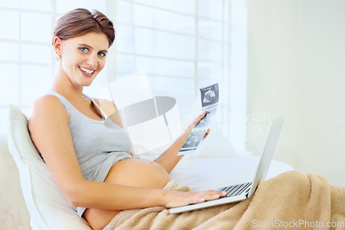 Image of Pregnant woman, portrait and ultrasound with laptop in home, wellness and excited with prenatal scan on bed. Person, face and sonogram photo with technology in hand and fetus growth or development