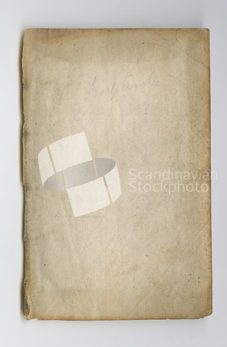 Image of Parchment, book and blank vintage paper with texture or faded writing on old page. Ancient, manuscript and empty document in history with aged and stained pages from journal or archive in library