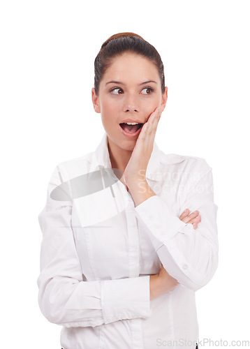 Image of Business woman, wow and shocked in studio for information, bad gossip or fake news on a white background. Worker, employee or model with surprise, thinking and secret or whisper for career intel