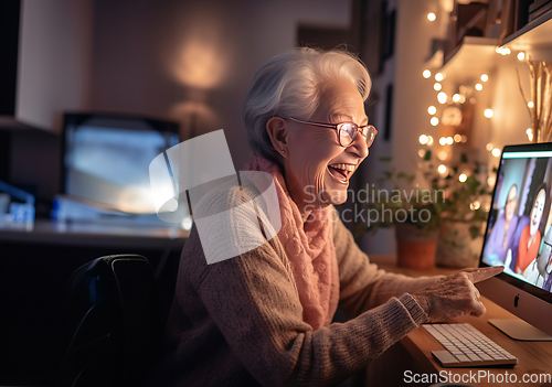 Image of Radiant senior woman enjoys the warmth of her home, smiling while using a laptop, embracing the comfort of modern technology