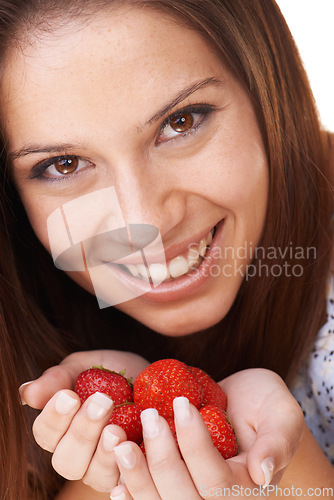 Image of Portrait, woman and smile with strawberry fruits for detox, vegan diet and fresh ingredients for nutrition. Face of happy girl holding red berries, healthy food and sustainable benefits of vitamin c