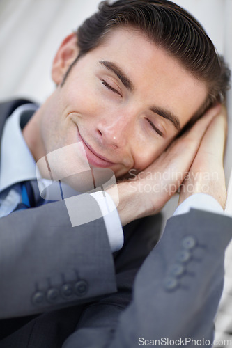 Image of Sleeping, peace and tired business man in a hammock with low energy, resting or break outdoor. Sleepy, smile or face of male entrepreneur outside with fatigue, nap or travel burnout, lazy or dreaming