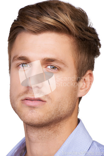 Image of Businessman, portrait and serious consultant by white background for studio about us, professional and corporate company. Face, closeup and Canada employee with backdrop, confidence and development