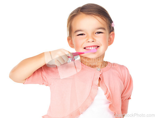 Image of Portrait, girl and child brushing teeth in studio for hygiene, wellness and learning healthy oral habits on white background. Happy young kid, toothbrush and care of dental cleaning for fresh breath