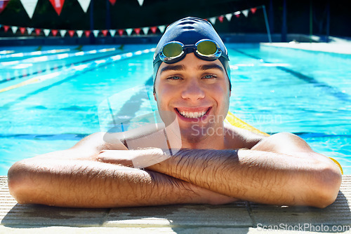 Image of Swimming pool, smile and portrait of sports man relax after exercise, outdoor workout or practice. Activity, wellness and face of swimmer happy after water polo competition, fitness or summer cardio