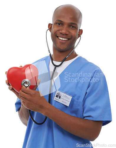 Image of Heart prop, portrait and man with a smile, doctor and employee isolated on a white studio background. Face, African person and model with happiness, professional and medical with cardiology or joyful