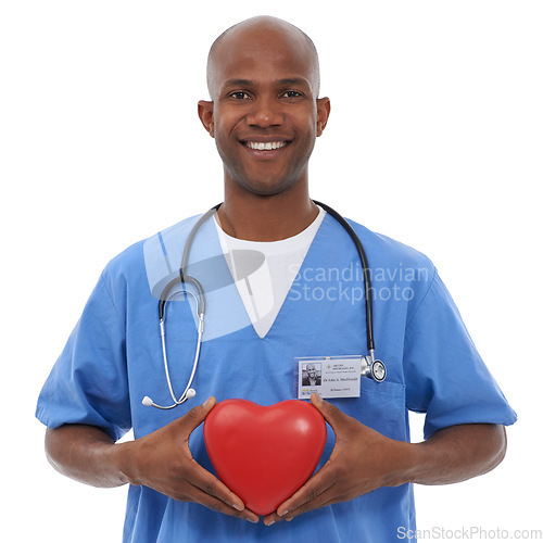 Image of Heart prop, portrait and man with healthcare doctor and employee isolated on a white studio background. Face, African person or model with happiness, professional and medical with cardiology or nurse
