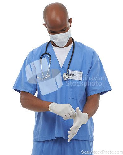 Image of Gloves, man or doctor with a mask, healthcare or employee isolated on white studio background. African person, model or worker with face cover, hospital policy or regulations for safety or protection