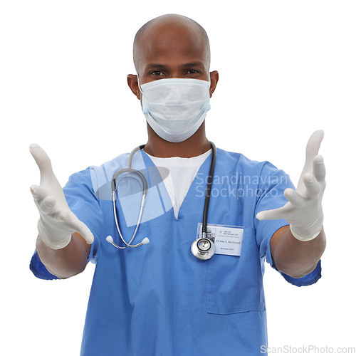 Image of Portrait, mask and gloves with doctor, man and professional isolated on a white studio background. Face cover, African person and model with regulations, policy and uniform with healthcare and safety