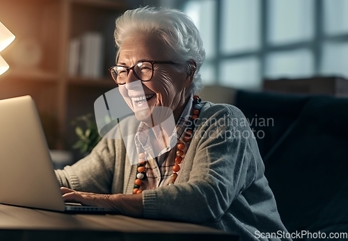 Image of Radiant senior woman enjoys the warmth of her home, smiling while using a laptop, embracing the comfort of modern technology