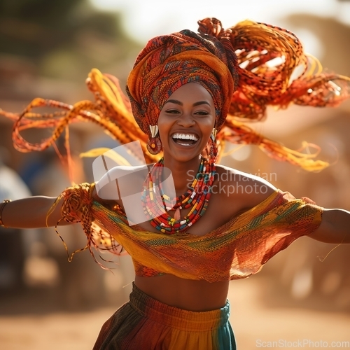 Image of African American woman joyfully engages in traditional dance at a lively festival, showcasing the rich and dynamic expressions of her heritage