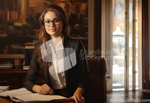 Image of In her chic office, the accomplished businesswoman meticulously organizes documents, epitomizing professionalism and efficiency.Generated image