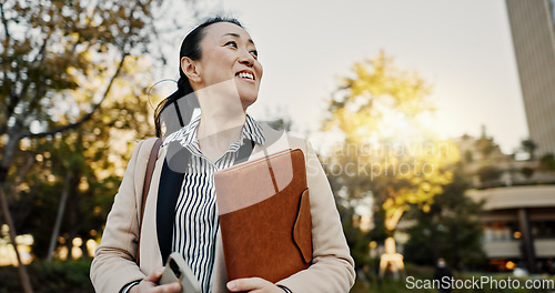 Image of Thinking, happy and business Japanese woman in city for morning commute, travel and walking. Professional, corporate lawyer and worker with file, documents and phone for career, work and job in Tokyo